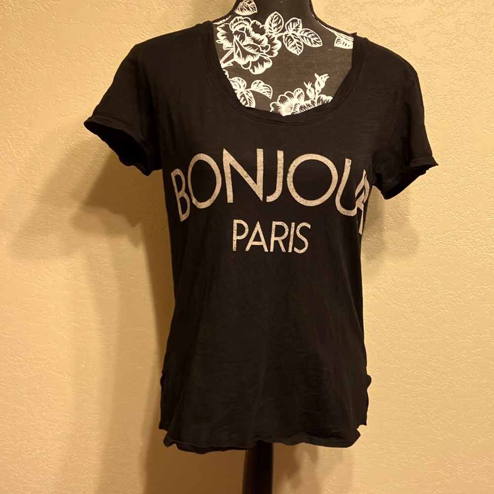 MED SIGNORELLI BLACK & TAN BONJOUR PARIS SHORT SLEEVE COTTON TEE